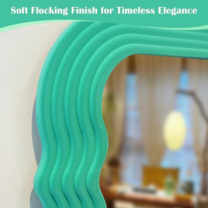 Irregular Wall Mirror Living Room Decor, 14x28 Arched Decorative Mirrors with Flocking Touch, Large Modern Wavy Mirror for Hallway Entryway Staircase, Over the Bed Wall Art Decoration (Green)