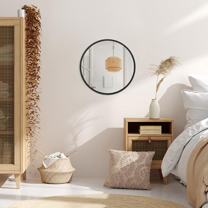 JJUUYOU Round Wall Mirror 20" Hanging Circle Mirror Round Mirrors for Bathroom Wooden Farmhouse Frame Mirrors for Bedroom Living Room or Entryway Wall Decorative