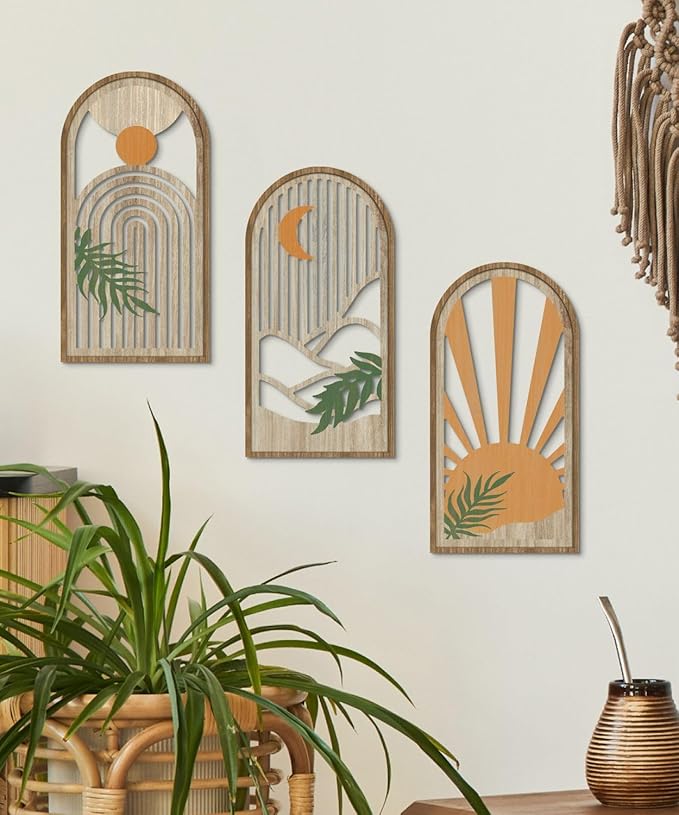 Putuo Decor Boho Plant Wall Art, Wood Modern Minimalist Wall Decor, Abstract Sun Inspired Room Decorations 16x8 In Mid Century Artwork for Living Room Bedroom Office in Sunrise Earthtone Set of 3