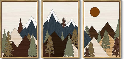 Drsoum Morden Mountains Landscape Wall Art Framed Boho Pine Tree Forest Nature Prints Boho Farmhouse Rustic Artwork Hallway Bedroom Ready to Hang 24x36in Natural Framed