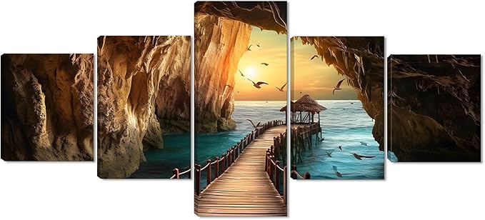 Yatsen Bridge 5 Panels Seascape Wall Art for Living Room Sunset and Seagulls Landscape Pictures Canvas Prints Artwork Modern Beach Home Decor Wooden Framed Ready to Hang - 50''W x 24''H