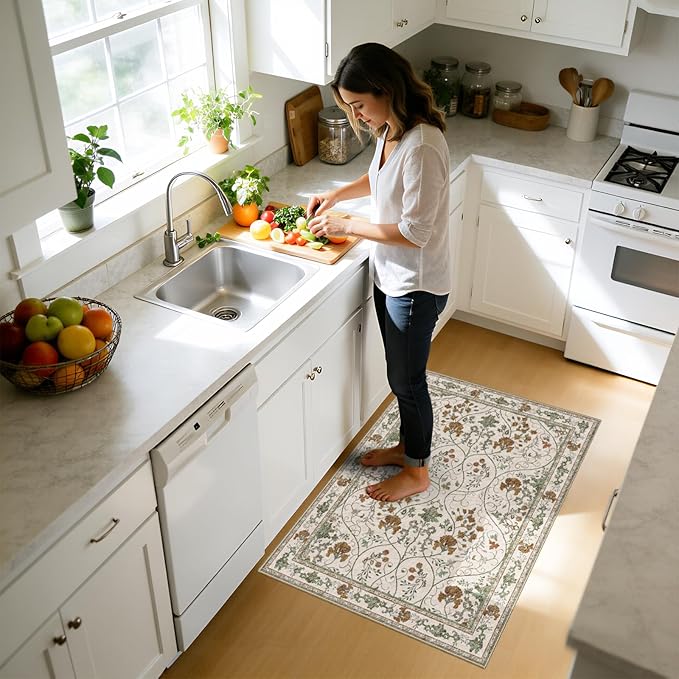 Floral 2x3 Washable Vintage Entryway Rug Non Slip Low Pile Small Rugs, Front Door Rugs for Entrance Kitchen Bedroom Laundry Bathroom,Beige White