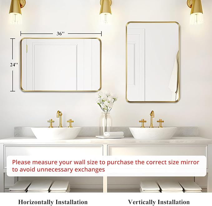 Fabuday Gold Mirror Bathroom Wall - Over Sink 36x24 Inch Rectangle Framed Brushed Mirror, Large Gold Trim Vanity Mirror Hanging for Bedroom, Restroom, Living Room, Entryway Decor