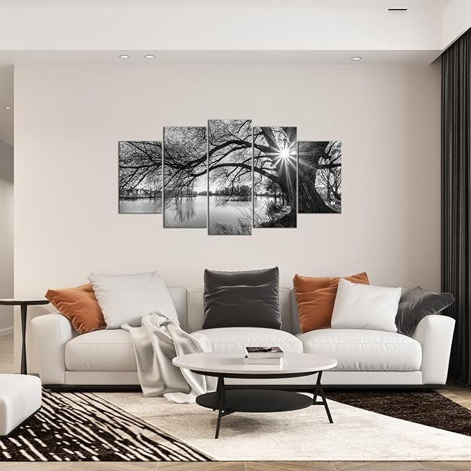 sechars - 5 Pieces Wall Art Old Tree by Lake Picture Canvas Prints Sunrise Painting Black and White Landscape Canvas Art Modern Wall Decoration Framed and Ready to Hang