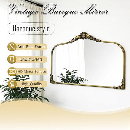 Antique Baroque Vintage Vanity Mirror 25x36Inch, Gold with Ornate Antique Frame, Arched Vintage Wall Mirror for Living Room, Fireplace, Entryway