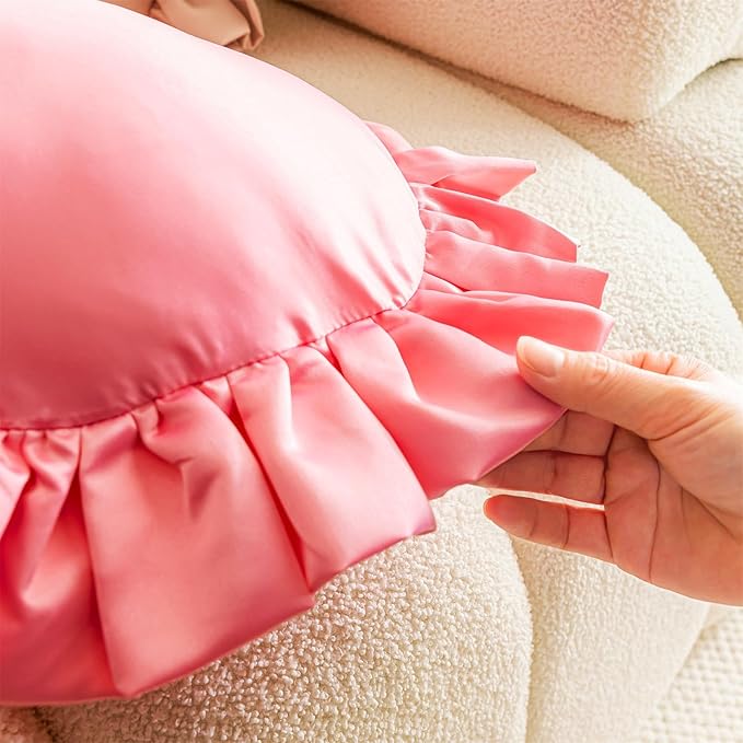 MOJUN Heart Pillow, Heart Shaped Throw Pillow Pink Ruffle Design Love Bow Pillow Home Decorative Pillows Cushion for Sofa Living Room Bed Chair Wedding Gifts Pillows