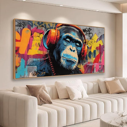 Sorbrozo DJ Gorilla with Headphones - Vibrant Street Graffiti Canvas Wall Art Colorful Animal Painting for Boys Room Music Themed Home Decor 20x40in