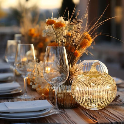 Mercury Glass Light Up Pumpkin with Timer, Fall Decoration for Home, Silver Halloween Festive Decor Lamp