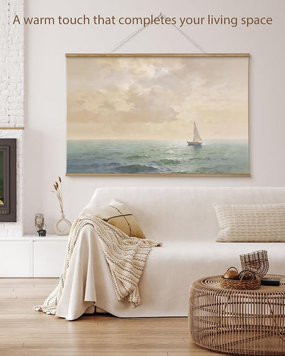 ARPEOTCY Extra Large Vintage Framed Wall Art, 36x54 Inch Ocean Coastal Sailboat Seascape Hanging Canvas Prints Scroll Wall Art Decor for Living Room Bedroom, Retro Scenery Pictures Above of Bed