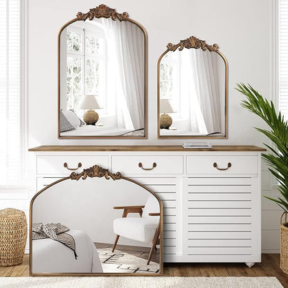 HQiJun Wall Mirror Window Decorative Traditional Vintage Ornate Baroque Mirrors Antique Arched Farmhouse for Living Room Bedroom Entryway Bathroom Vanity (27 * 19 * 1.2, Gold)
