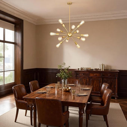 Gold Sputnik Chandelier, 12 Light Farmhouse Chandeliers for Dining Room Light Fixtures Over Table, Modern Ceiling Hanging Lighting for Living Dining Room, Kitchen Island, Entryway, Foyer