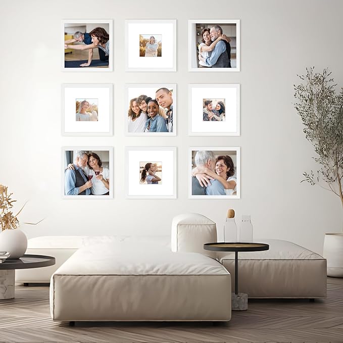 8x8 Picture Frame Set of 6, Display Pictures 4x4 with Mat or 8x8 Without Mat, Tabletop Display and Wall Hanging Photo Frame, Collage Wall Decor Gallery Wall Frame Set,White
