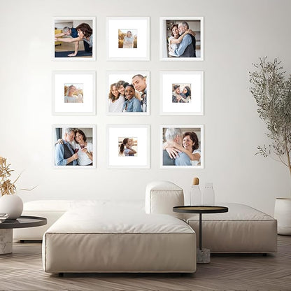 8x8 Picture Frame Set of 6, Display Pictures 4x4 with Mat or 8x8 Without Mat, Tabletop Display and Wall Hanging Photo Frame, Collage Wall Decor Gallery Wall Frame Set,White