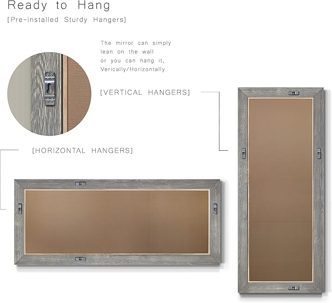 Renditions Gallery Full Length Mirror Gray Wood Frame Full Body Wall Mounted Apartment Vanity Decor Aesthetic Large Standing Mirror for Bedroom Living Room Bathroom - 61"x25" LT07