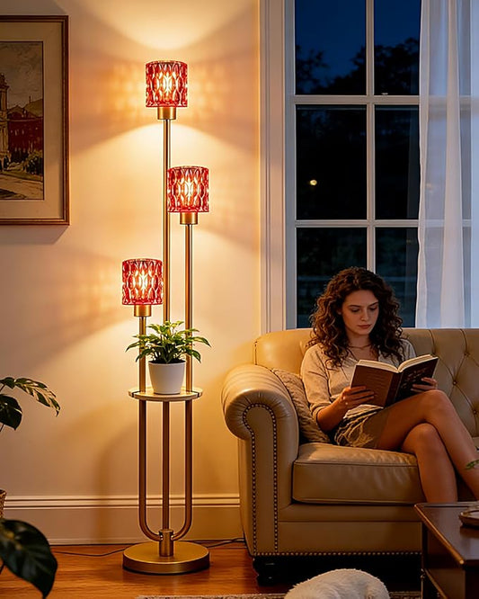 62IN Gold Floor Lamp with Deep Red Glass Shade 3-Lights Mid-Century Modern Farmhouse Floor Lamps with 3000K Warm White Bulbs, Tall Standing Lamp with 5Lbs Heavy Base for Living Room/Bedroom