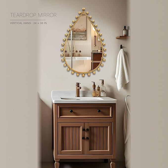 Antique Gold Teardrop Mirror Unique with Ball Frame – 24"x36" Beaded Large Decorative Ornate Wall Mirror for Bathroom, Bedroom, Living Room, Hallway