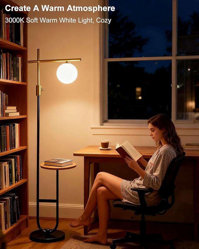 Lightdot 66IN Gold&Black Dimmable Floor Lamps with Storage Table, Modern Standing Tall Lamp with Milky White Globe Lampshade, Cross-Shaped Lamp Head and U-Pole Base Style for Living Room/Bedroom