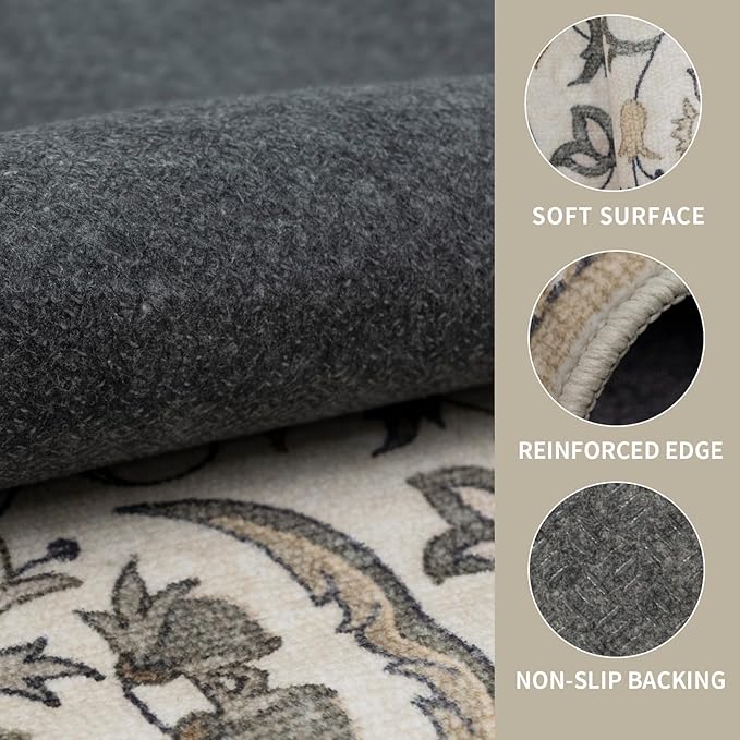 4×6 Washable Large Area Rugs for Living Room, Floral Soft Rug Non Slip Stain Resistant Carpet for Bedroom Dining Room Kitchen Farmhouse Home Decor，Beige Multi 061