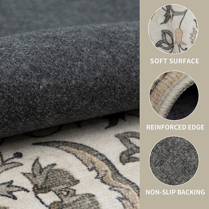 8×10 Washable Large Area Rugs for Living Room, Floral Soft Rug Non Slip Stain Resistant Carpet for Bedroom Dining Room Kitchen Farmhouse Home Decor，Beige Multi 061