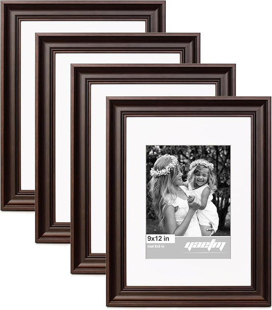 Yaetm 9x12 Picture Frame Matted to 6x8 Set of 4, 1.4” Wide Molding & Dark Brown Photo Frames 9 x 12 with Tempered Glass, Display on Tabletop & Wall Mounting (4 Pack, Brown)