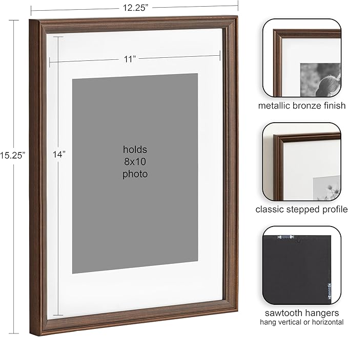 Kate and Laurel Adlynn Rectangle Picture Frame Set of 4; 11 x 14 matted to 8 x 10; Bronze; Vintage Four-Piece Frame Set for Gallery Wall Frame Set in Living Room Wall Decor