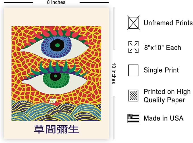 Poster Master Vintage Poster - Retro Eyes Print - Infinity Dots Trendy & Japanese Art - Gift for Men & Women - Pop Art Decor for Bedroom or Living Room - 8x10 UNFRAMED Wall Art