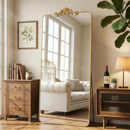 Antok Arched Full Length Mirror, 81"x41" Floor Mirror with Carved, Full Body Mirrors for HomeDecor, Standing/Halling Large Wall Mirror for Bedroom, Living Room, Cloakroom, Black, Ornate Style
