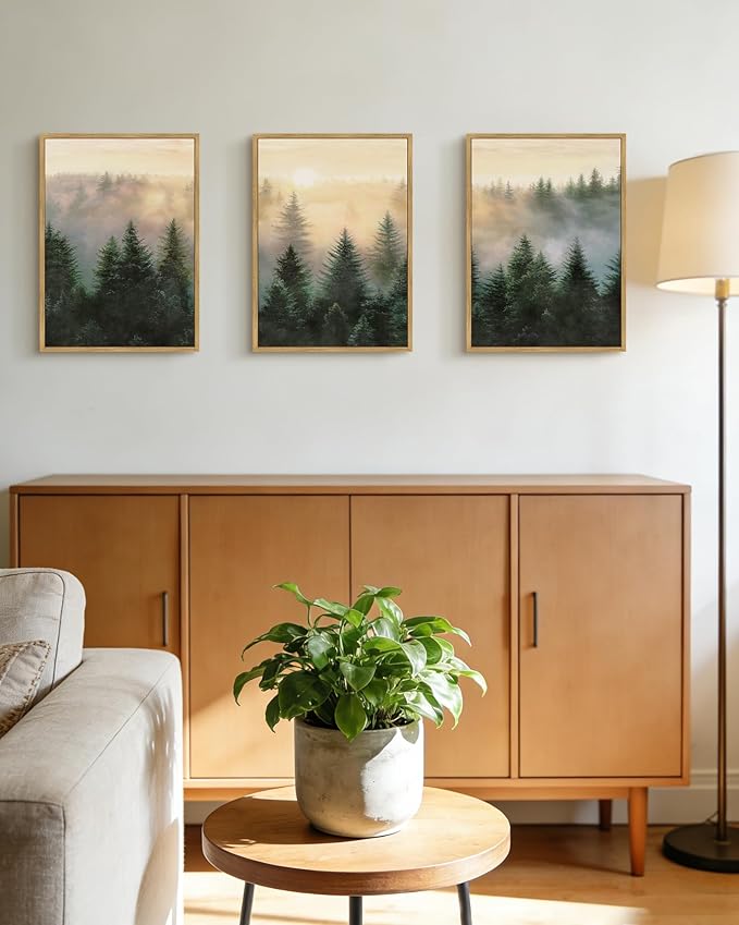 Drsoum Green Fog Pine Tree Landscape Wall Art Framed Nature Misty Nordic Forests Prints Morden Farmhouse Rustic Artwork Hallway Bedroom Ready to Hang 11x14in Natural Framed