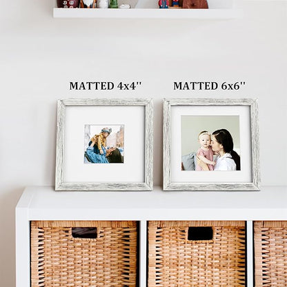 Egofine 8x8 Picture Frame Made of Solid Wood with Plexiglass, Display Pictures 4x4/6x6 with Mat or 8x8 Without Mat Set of 4 for Tabletop and Wall Mounting, Driftwood White