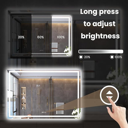 Snowdool 60"X30" LED Bathroom Mirror with Front Lights and Backlit, Anti-Fog, Dimmable, Shatter-Proof Tempered Glass, Lighted Bathroom Vanity Mirror for Wall with 3 Colors, Memory Function