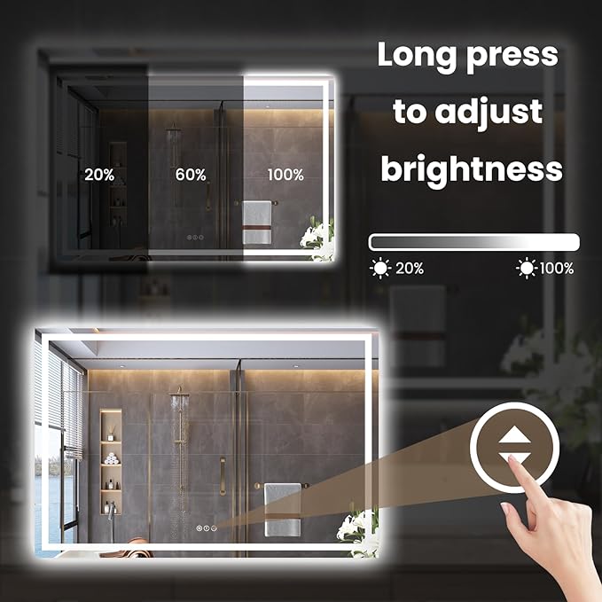 Snowdool 60"X24" LED Bathroom Mirror with Front Lights and Backlit, Anti-Fog, Dimmable, Shatter-Proof Tempered Glass, Lighted Bathroom Vanity Mirror for Wall with 3 Colors, Memory Function