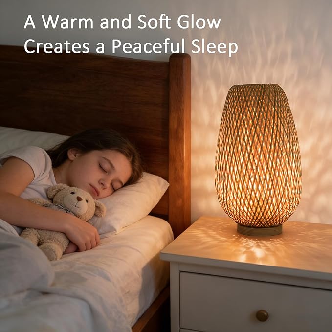 ARTZONE Rattan Lamp, Vintage Boho Lamp for Bedside, Handmade Mini Bamboo Table Lamp for Entrance Bedroom Living Room Office and Home Decor
