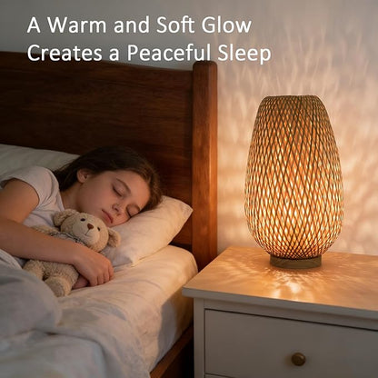 ARTZONE Rattan Lamp, Vintage Boho Lamp for Bedside, Handmade Mini Bamboo Table Lamp for Entrance Bedroom Living Room Office and Home Decor