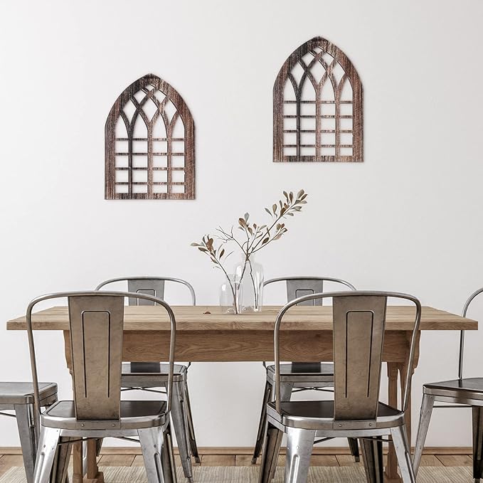 Yulejo 2 Pcs Rustic Window Frame Wall Decor Wooden Farmhouse Wall Decor 15.6'' x 11'' Arched Cathedral Window Home Decor Fake Window Pane Vintage Wall Art for Entryway Living Room Bedroom (Dark Brown)