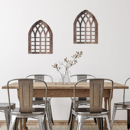 Yulejo 2 Pcs Rustic Window Frame Wall Decor Wooden Farmhouse Wall Decor 15.6'' x 11'' Arched Cathedral Window Home Decor Fake Window Pane Vintage Wall Art for Entryway Living Room Bedroom (Dark Brown)