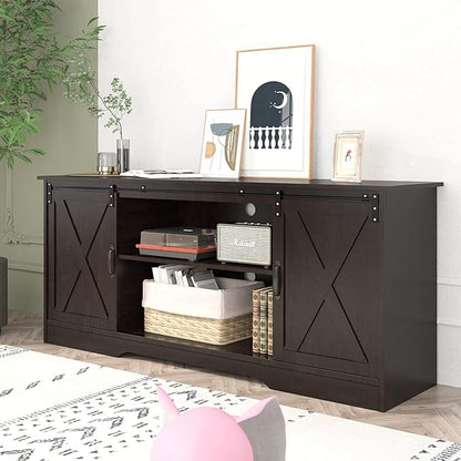4 EVER WINNER 59" Farmhouse TV Stand, TV Entertainment Center with Sliding Barn Door & Adjustable Shelf for 65" TV, TV Stand for Living Room, Bedroom, Dark Brown