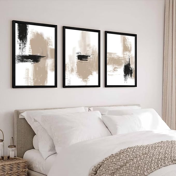 Joocrise Beige Abstract Wall Art Painting Set of 3 Neutral Canvas Wall Art Prints Black Beige Modern Wall Decor Minimalist Art Pictures Abstract Modern Artwork for Room Bedroom 16x24 Inch Wood Framed