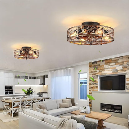 20'' Caged Ceiling Fan with Lights and Remote Control,Small Farmhouse Bladeless Low Profile Ceiling Fans Lights,Vintage Flush Mount Ceiling Light,Reversible Motor 6 Speeds for Bedroom,Living Room