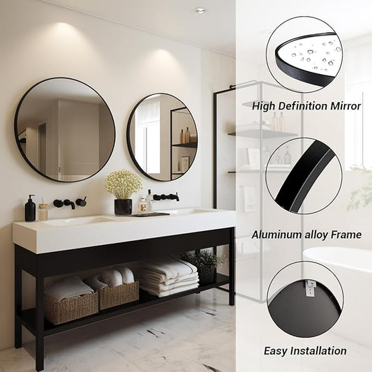 Sunniry Round Mirror 30 inch, Large Round Mirror, Black Bathroom Mirrors with Matte Aluminum Frame, Circle Mirrors for Wall, Bathroom, Living Room, Hallway.