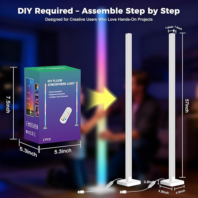Flupuro 2 Pack DIY Corner Floor Lamps, ICRGB Floor Lamp with Music Sync and 16 Million Colors, Color Changing Standing Floor LED Lights for Bedroom Living Room Decor, Ambient Mood Lighting Gaming