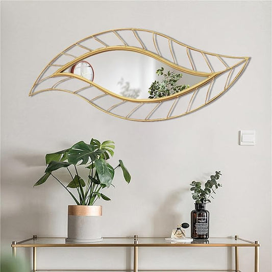 ironsmithn Leaf Teardrop Mirror, Gold Decorative Wall Mirror with Metal Frame, 45" x 18.5" Wall Mounted Mirrors for Bathroom Vanity Living Room Bedroom Fireplace