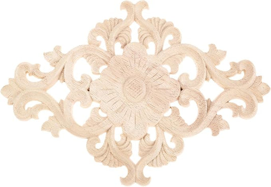 Wood Carved Appliques, 1Pc Wooden Decorative Onlays, MUXSAM Unpainted Furniture Center Decals for Cabinet Dresser Bed Door Wall Wardrobe Ceiling Decoration Home DIY Project, 21x15cm/8.27"x5.9"