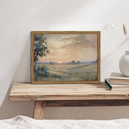 Vintage Sunset Wall Art Rustic Cottagecore Landscape Wall Decor Fall Country Nature Painting Artwork 3D Textured Sandstone for Living Room Bedroom 12x16 Inch Wood Framed