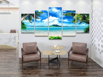Pyradecor Modern 5 Piece Canvas Prints Artwork Contemporary Landscape Blue Sea Beach Pictures Paintings on Canvas Wall Art for Living Room Home Decorations Extra Large