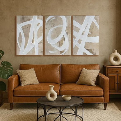 Zessonic Neutral Abstract Wall Art Minimalist White Brown Pastel Paint Strokes Shapes Textured Framed Wall Decor Large Canvas Paintings- Living Room Bedroom Office Modern Neutral 24"x36" 3 piece