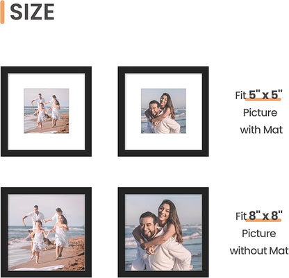 upsimples 8x8 Picture Frame Made of High Definition Glass, Display Pictures 5x5 with Mat or 8x8 Without Mat, Gallery Wall Frame Set, Black
