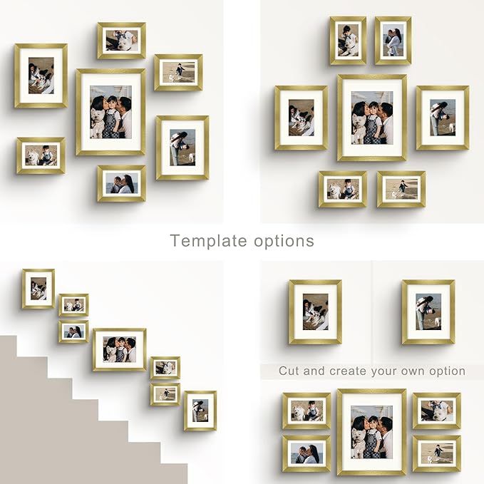 Frametory, Set of 7 Gallery Wall Frame in Gold - Includes 11x14, 8x10, and 5x7 Picture Frames with Ivory Color Mats - Real Glass, Collage Frames for Prints and Photos
