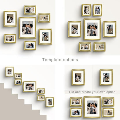 Frametory, Set of 7 Gallery Wall Frame in Gold - Includes 11x14, 8x10, and 5x7 Picture Frames with Ivory Color Mats - Real Glass, Collage Frames for Prints and Photos