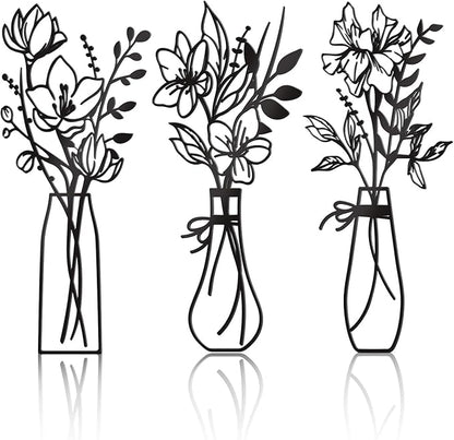Zzbakress 3 Pcs Metal Flowers Wall Arts Rustic Farmhouse Decor Bathroom Wall Decor Metal Wall Decor for Living-room Dining-Room Kitchen Minimalist Decor Housewarming Gifts(Black)