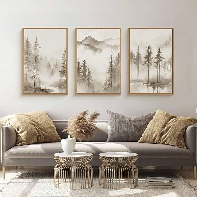 HPNIUB Foggy Mountain Forest Framed Wall Art Set, Abstract Misty Woodland Wall Decor,Neutral Pine Tree Farmhouse Art Print,Modern Nature Landscape Artwork for Living Room, Bedroom,Office-16''x24''x3